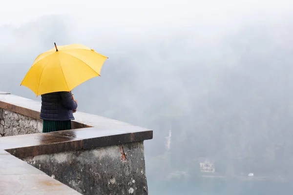 Una Señora Con Paraguas Amarillo Mirador Día Lluvioso Nublado — Foto de Stock