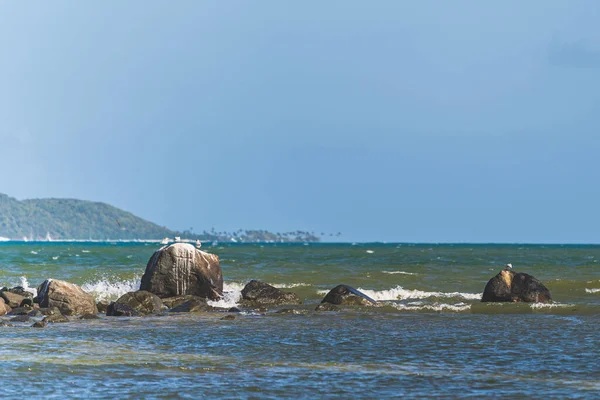 Belo Mar Com Ondas Rolando Batendo Nas Rochas Sob Céu — Fotografia de Stock