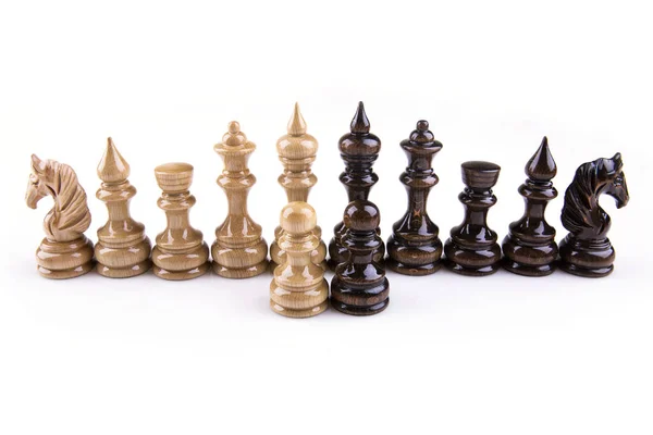 Dřevěné Šachové Figurky Izolované Bílém Pozadí — Stock fotografie
