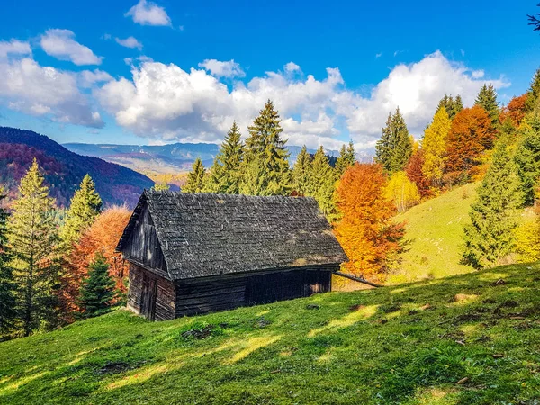 Malý Dřevěný Domek Barevnými Podzimními Stromy — Stock fotografie