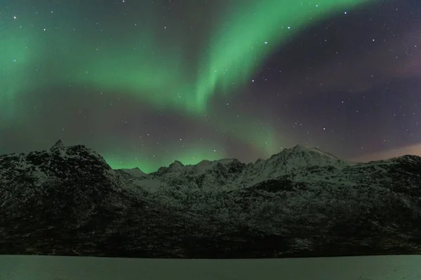 Beautiful Aurora Borealis Mountain Lake Water Kvaloya Arctic Region Norway — Stock Photo, Image