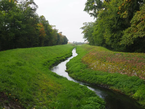 草地上的一条运河和一片森林的美丽景色 — 图库照片