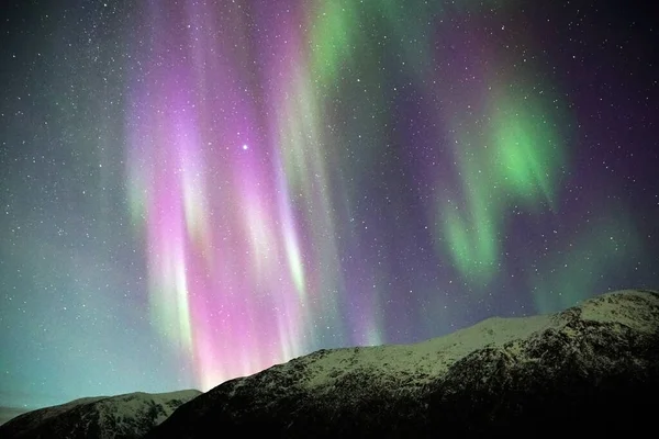 Cielo Stellato Notturno Con Aurora Borealis Belle Luci Colorate Kvaloya — Foto Stock