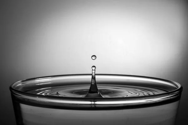 Una Toma Escala Grises Agua Cayendo Vaso Sobre Fondo Gris —  Fotos de Stock