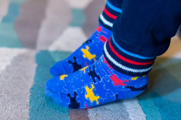 Closeup Child Feet Blue Socks — Stock Photo, Image