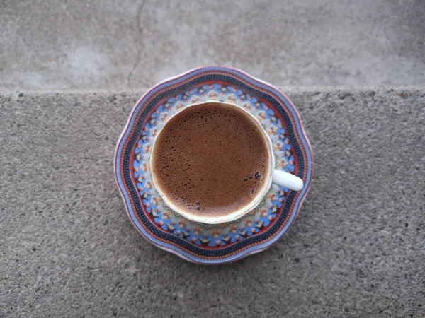 Una Vista Superior Una Taza Café Caliente Fresco Platillo Hormigón — Foto de Stock