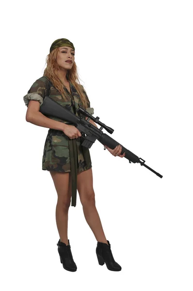 Vyoung Female Sexy Soldier Costume Posing Assault Rifle White Background — Photo