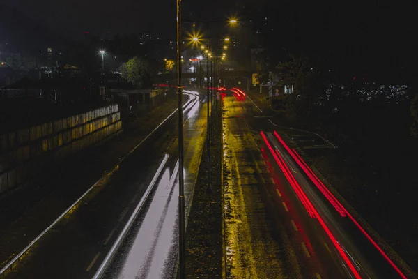 Vista Carretera Nocturna Con Luces Senderos — Foto de Stock