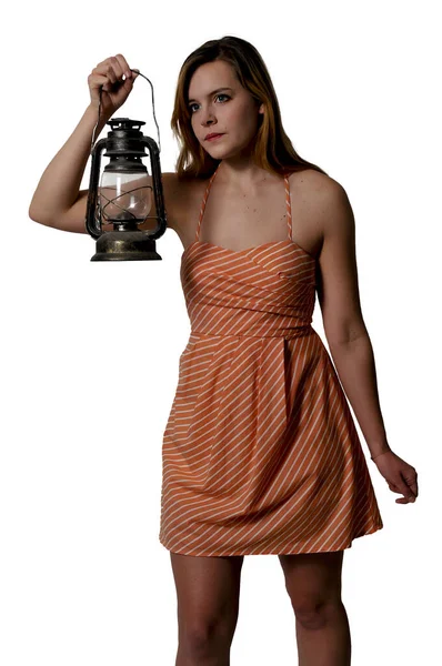 Curious Caucasian Female Posing Vintage Lamp Isolated White Background — Photo