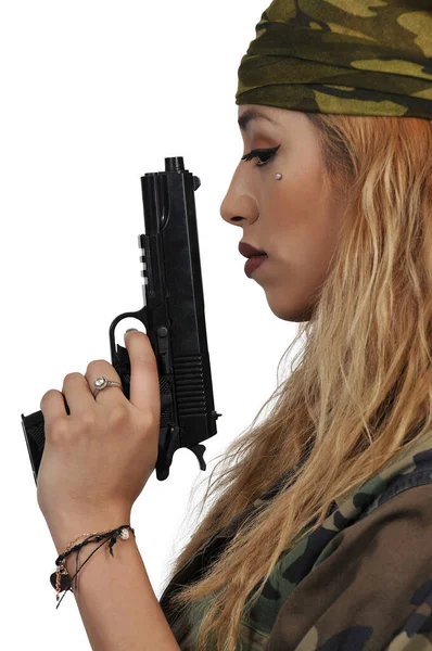 Una Giovane Donna Costume Soldato Sexy Posa Con Una Pistola — Foto Stock