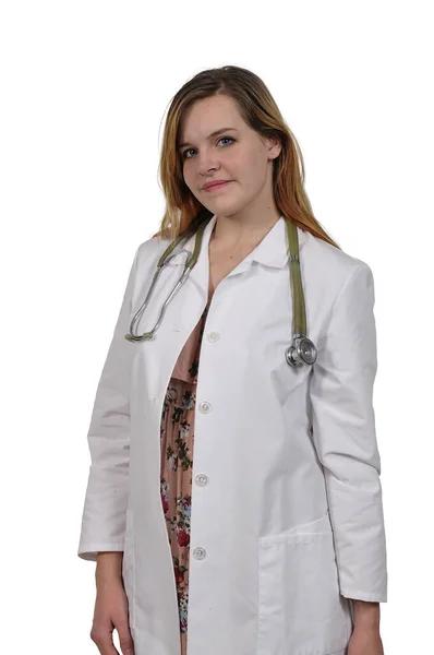 Vertical Shot Young Female Doctor Posing White Background — Stock Photo, Image