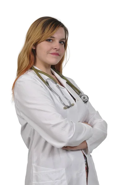 Вертикальний Знімок Молодої Жінки Лікаря Позує Білому Тлі — стокове фото