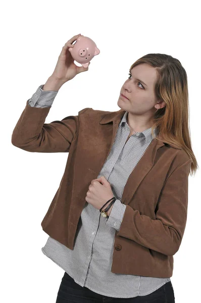 Caucasian Female Posing While Emptying Piggy Bank Isolated White Background —  Fotos de Stock