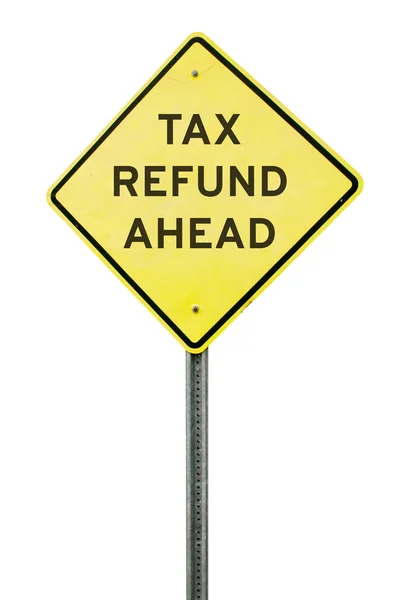 白色背景的黄色路标 上面印有 前面的退税 — 图库照片