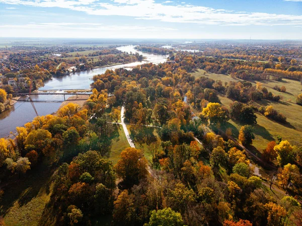 Autumn Drone Image Rotehornpark Magdeburg Germany View Elbe River Bridge — Stock Photo, Image