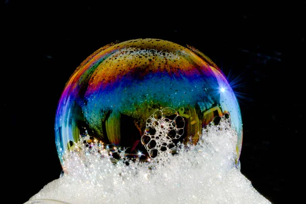 Magical Soap Bubble Iridescent Colors Black Background — Stock Photo, Image