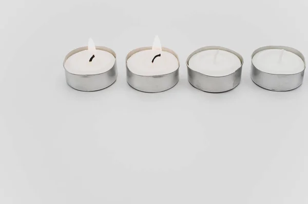 Row White Scented Wax Tea Lights White Tabletop Copy Space — Stock Photo, Image