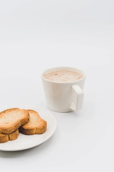 Modern White Stoneware Cup Hot Vegan Cappuccino Crispy Rusks White — Stok fotoğraf