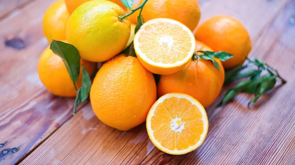 Background Oranges Fresh Juicy Oranges Wooden Table — Stock Photo, Image