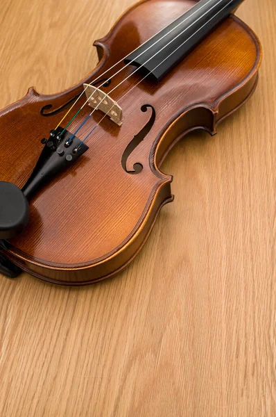 Top View Elegant Acoustic Violin Wooden Background Copy Space — Stockfoto