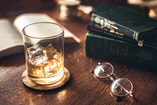 Whisky Glass Table Next Books Glasses — Stock Photo, Image