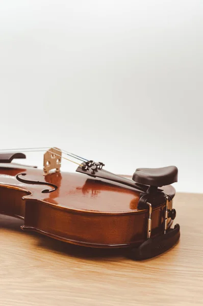 Top View Elegant Acoustic Violin Wooden Background Copy Space — Stockfoto