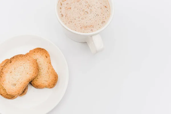 Modern White Stoneware Cup Hot Vegan Cappuccino Crispy Rusks White — Foto de Stock
