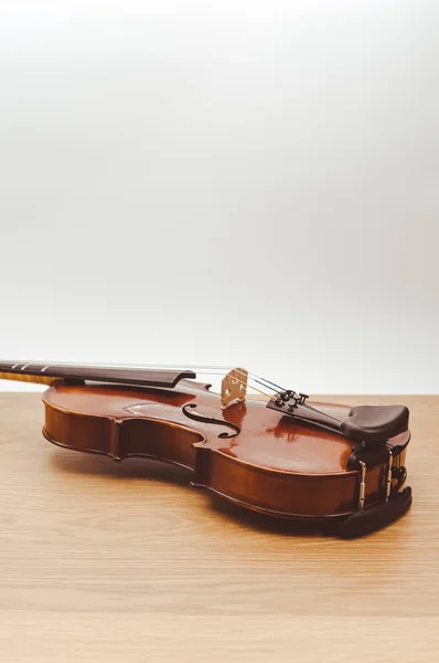 Top View Elegant Acoustic Violin Wooden Background Copy Space — Stockfoto