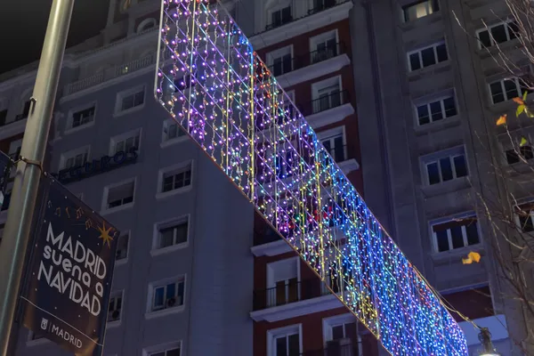 Madrid Espagne Nov 2021 Vue Nuit Une Façade Bâtiment Lumières — Photo
