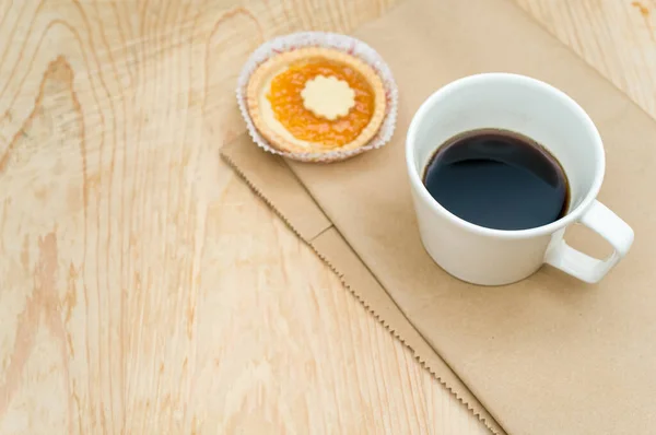 Black Coffee Cup Sweet Jam Cupcake Wood Brown Paper Tabletop — Photo
