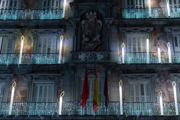 Night View Facade Building Christmas Decorations Candles Plaza Mayor Madrid — Stock fotografie