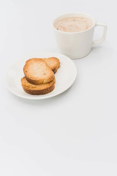 Modern White Stoneware Cup Hot Vegan Cappuccino Crispy Rusks White — Fotografia de Stock