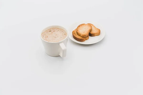 Modern White Stoneware Cup Hot Vegan Cappuccino Crispy Rusks White — Stockfoto