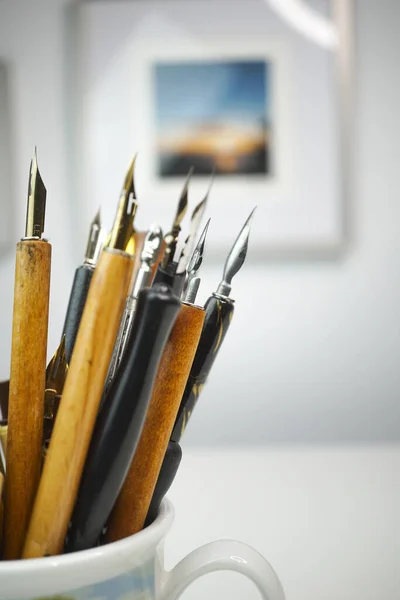 Group Wooden Penholders Calligraphy Nibs Colourful Mug Table Nice Background — Photo