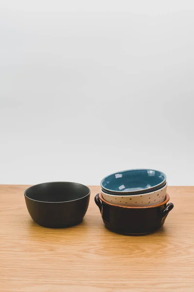 Isolated Earthenware Bowls Wooden Background Copy Space — ストック写真