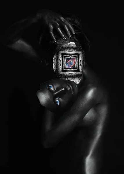 Мінімалістичне Абстрактне Мистецтво Жінка Чорний Місяць Галактика Чорно Білий Ідеальне — стокове фото