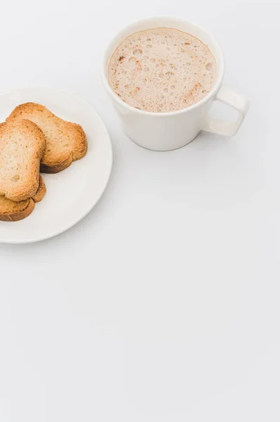 Modern White Stoneware Cup Hot Vegan Cappuccino Crispy Rusks White — Foto de Stock