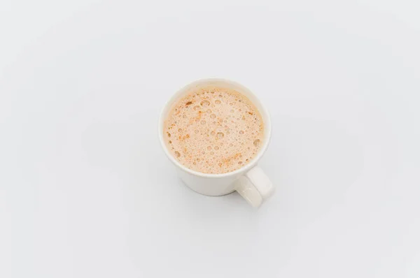 Modern White Stoneware Cup Hot Vegan Cappuccino White Background Copy — Zdjęcie stockowe