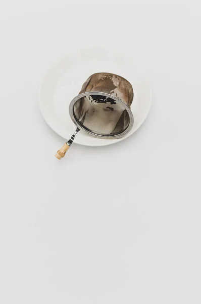 White Plate Tea Metal Filter Tea Leaves White Background — Stock fotografie