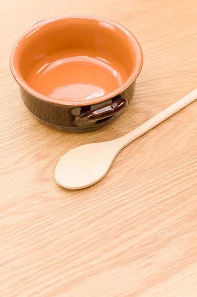 Spoon Rustic Terracotta Bowl Wooden Background Text Space —  Fotos de Stock