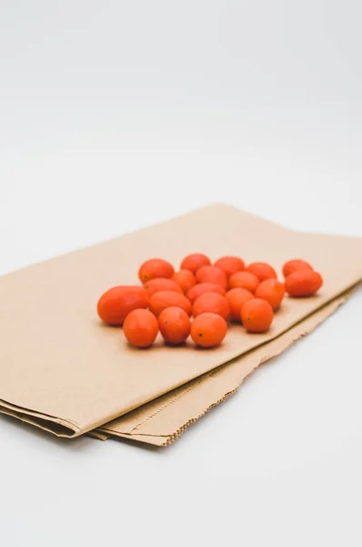 Delicious Fresh Tasty Bio Organic Gatterini Tomatoes Brown Paper White — Stock Fotó