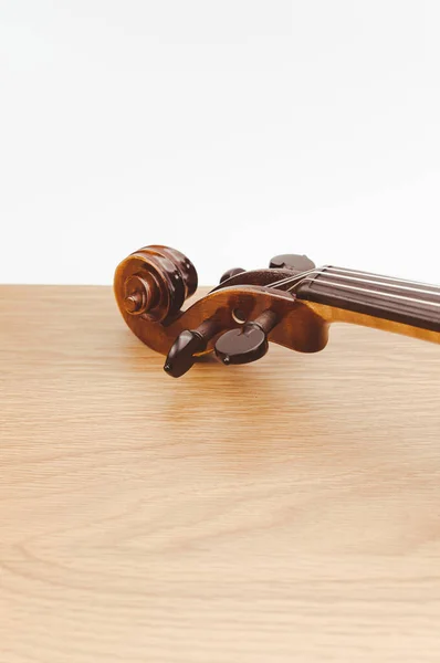 Top View Elegant Acoustic Violin Scroll Wooden Background Copy Space — Stock Photo, Image
