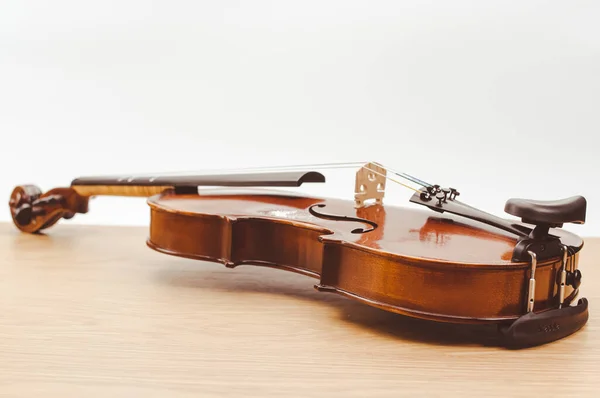 Top View Elegant Acoustic Violin Wooden Background Copy Space — Stockfoto