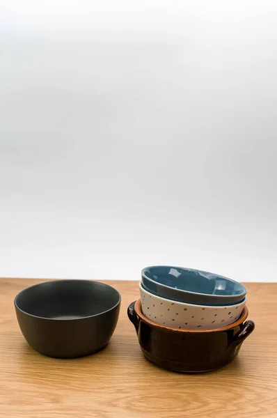 Isolated Earthenware Bowls Wooden Background Copy Space — Stockfoto