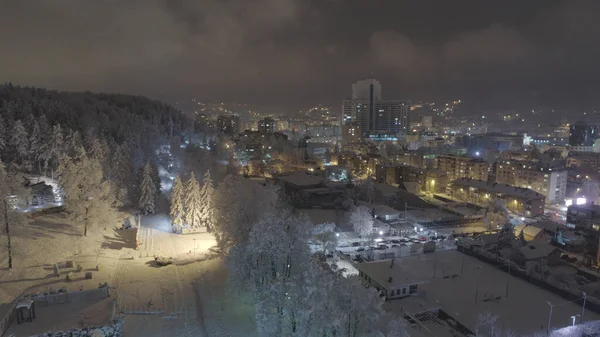 Aerial View Snow Covered Town Snow Storm Nighttime — Stock Photo, Image