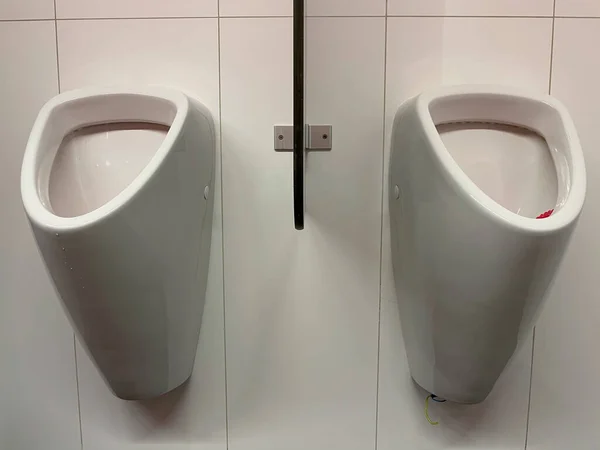 Two White Clean Ceramic Urinals Public Toilets Prague — Fotografia de Stock