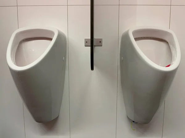 Two White Clean Ceramic Urinals Public Toilets Prague — Foto de Stock