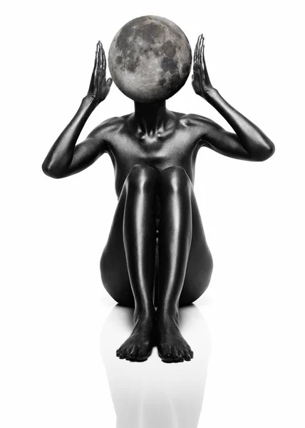 Arte Abstracto Minimalista Mujer Negro Luna Galaxia Blanco Negro Combinación — Foto de Stock