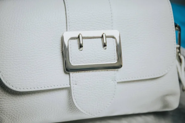 Closeup White Leather Handbag Silver Metal Buckle — Fotografia de Stock