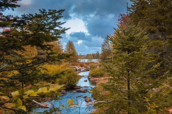 美丽的秋叶与河流的景色 美国缅因州Moosehead湖 — 图库照片